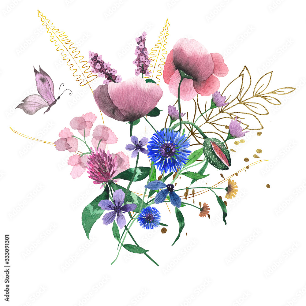 Obraz Watercolor floral bouquet with Meadow flowers, wildflowers, medicinal plants, field herbs, poppy, cornflower. Hand drawn botanical illustrations isolated on white background