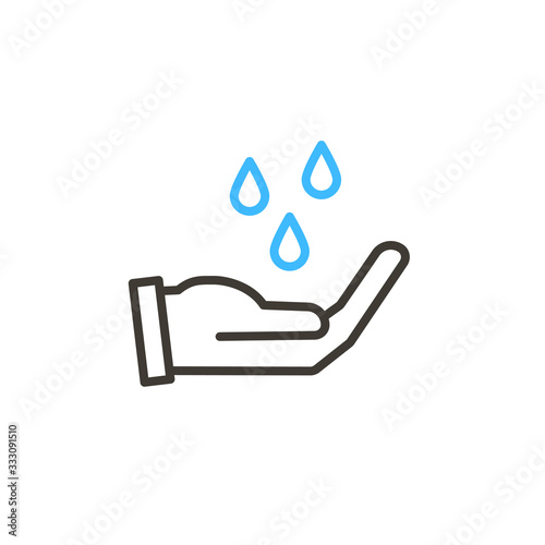 Coronavirus covid-19 prevention hand washing illustration. Vector thin line icon with hands sanitizing with water and soap. Simple design for antibacterial and protection from infection awareness
