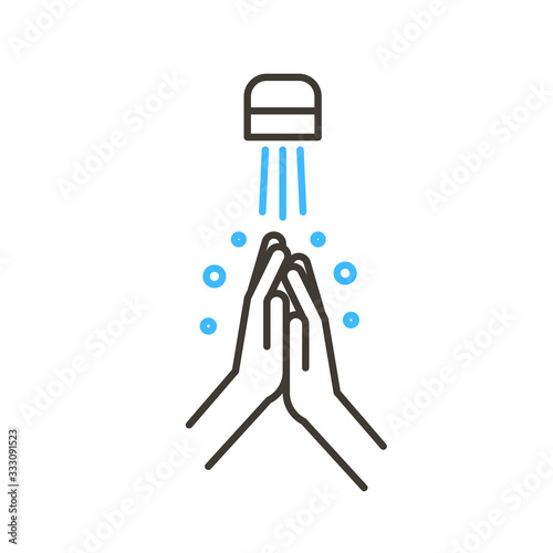 Coronavirus covid-19 prevention hand washing illustration. Vector thin line icon with hands sanitizing with water and soap. Simple design for antibacterial and protection from infection awareness