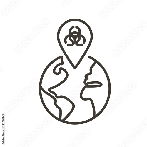 Vector thin line icon illustration with planet earth globe, biohazard symbol and virus. For concepts of pandemics, epidemics, biowarfare, coronavirus, covid19 and other dangers of viral outbreaks.