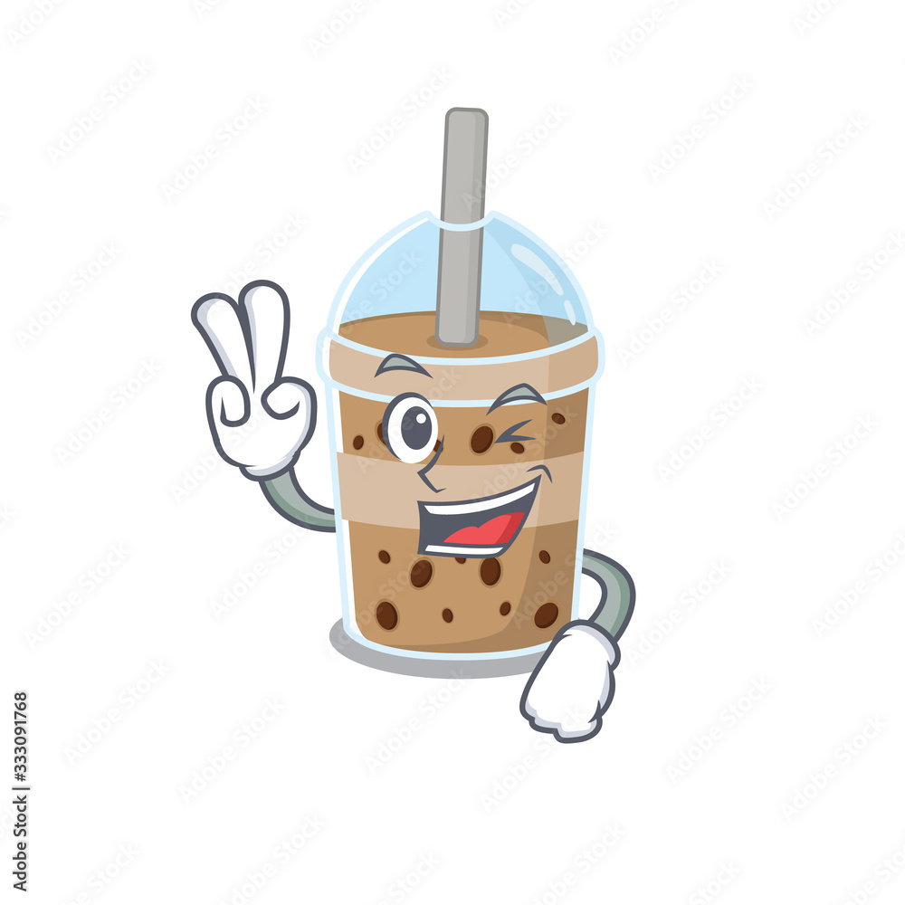 Cheerful chocolate bubble tea mascot design with two fingers