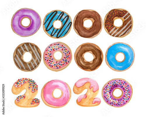 Watercolor painting illustration of colorful donuts, doughnut and 2020 letters with colorful sugar chocolate candy topping, isolated clipping path on white for two thousand twenty New year celebration