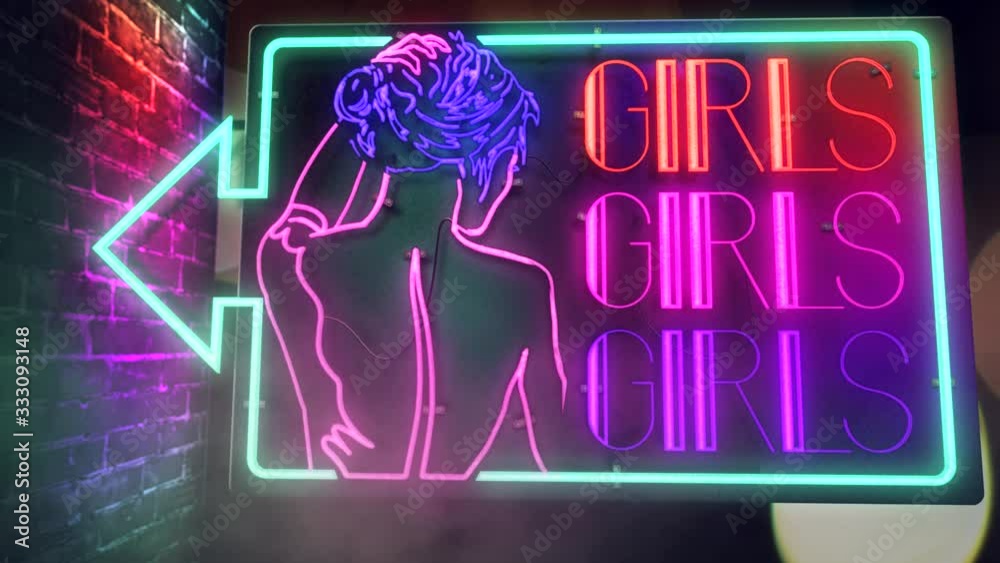 Realistic 3D render of a vivid and vibrant animated flashing neon sign for an adult club depicting the words Girls Girls Girls, with a night scene background