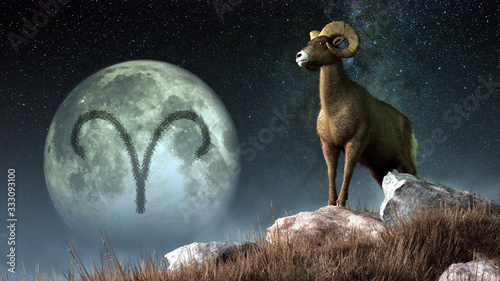 Aries is the first sign of the Zodiac. People born between March 20th and April 19th have this astrological sign. Its symbol is the ram. 3D rendering photo