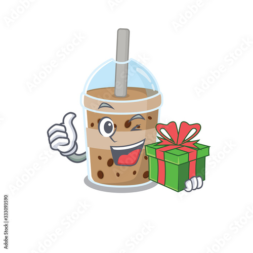 Smiley chocolate bubble tea cartoon character having a gift box