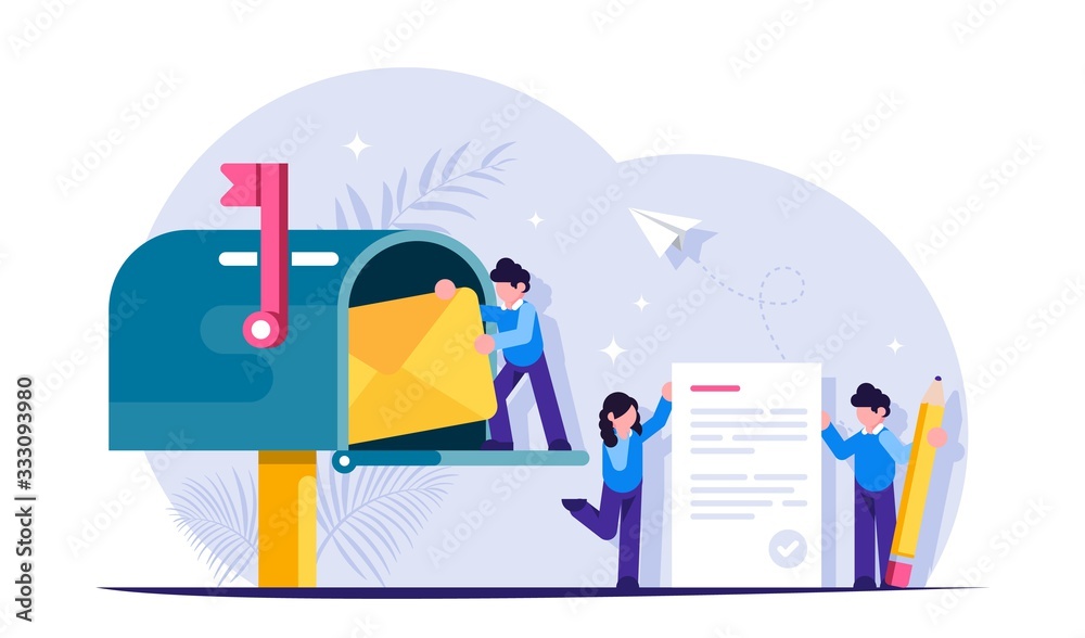 People write and send letters through the mailbox. Little character ...