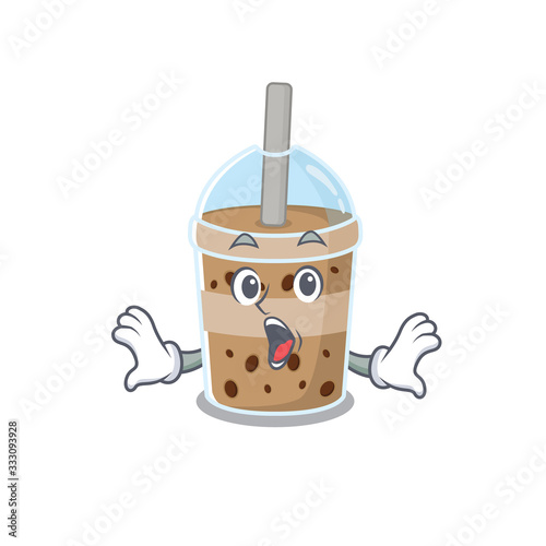 A cartoon character of chocolate bubble teamaking a surprised gesture