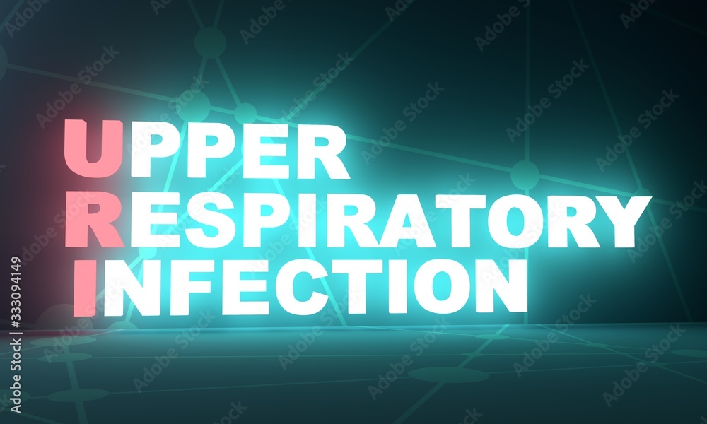 URI - Upper Respiratory Infection acronym. Medical concept background. 3D rendering. Neon bulb illumination