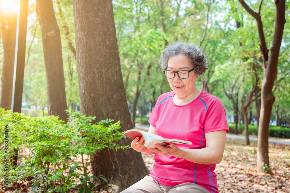 asian senior woman in glasses and reading book in the park asian senior woman in glasses and reading book in the park