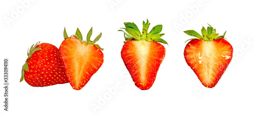 Fototapeta Naklejka Na Ścianę i Meble -  collections plant part of fresh berry fruit , set of round and half red strawberry sliced isolated on white background, diecut with clipping path