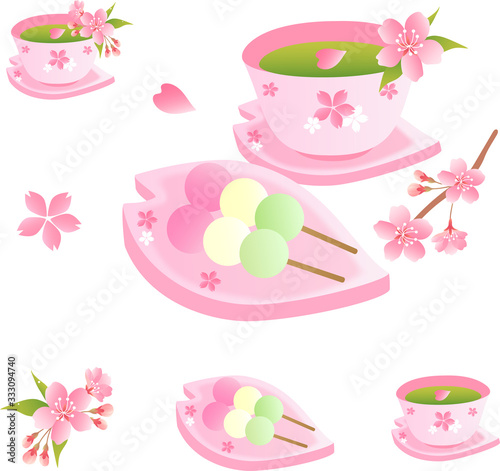 桜の花見の花見団子とお茶