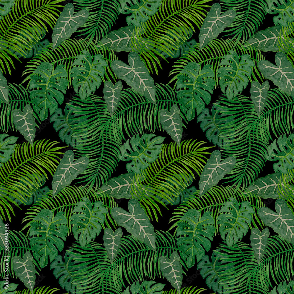 Watercolor hand painting illustration of tropical leaves trees, green palm and monstera leaf exotic seamless pattern on black background for textile fabric printed or wallpaper