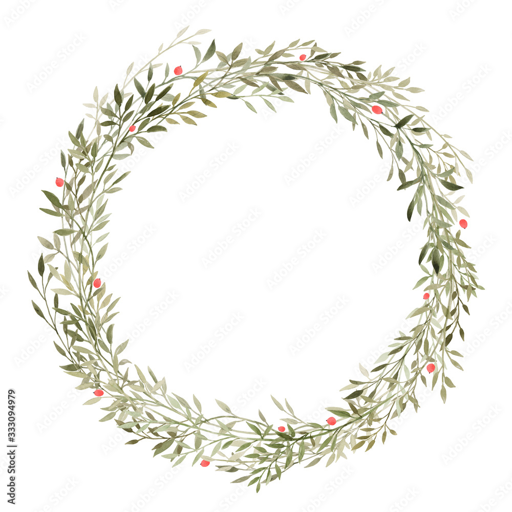Beautiful floral wreath with watercolor green leaves and berries. Stock illustration.