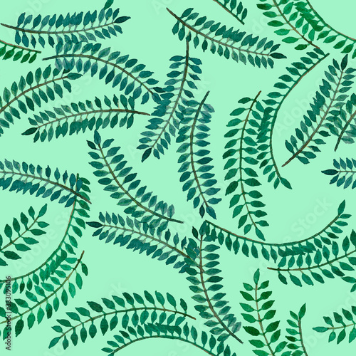 Watercolor hand painting illustration of tropical leaves trees, green pinnately compound leaf exotic seamless pattern on green background, for textile fabric printed or wallpaper
