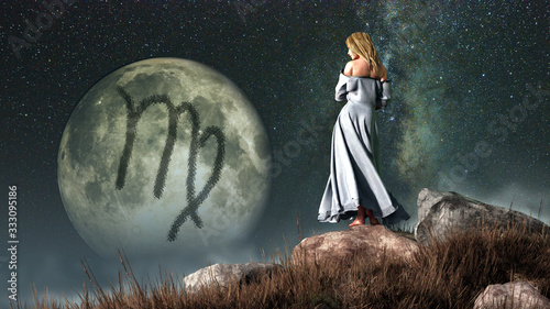Virgo, the virgin or maiden, is the sixth sign of the Zodiac. People born between August 22nd and September 22nd have this astrological sign. 3D rendering.