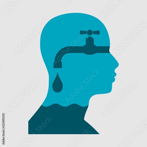 Head of man fillet by water from faucet. Psychology and politic concept