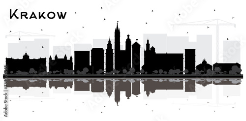 Krakow Poland City Skyline Silhouette with Black Buildings and Reflections Isolated on White.
