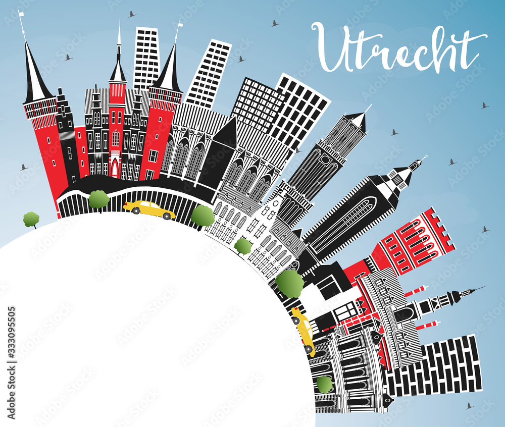 Utrecht Netherlands City Skyline with Color Buildings, Blue Sky and Copy Space.