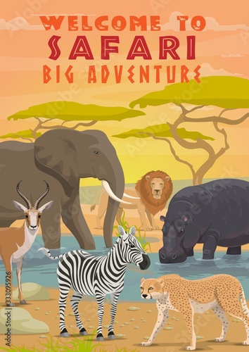 African animals of safari tour, hunting sport and outdoor adventure. Vector elephant, zebra, lion and antelope, hippo, cheetah or leopard, wild mammal animals of savannah predators and herbivores