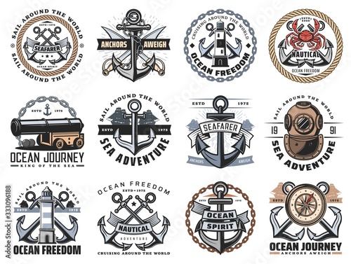 Nautical icons of sea travel and ocean adventure vector design. Ship anchor, rope and chain, marine sail boat, compasses and diving helmet, lighthouse, sailor sword and naval cannon heraldic badges
