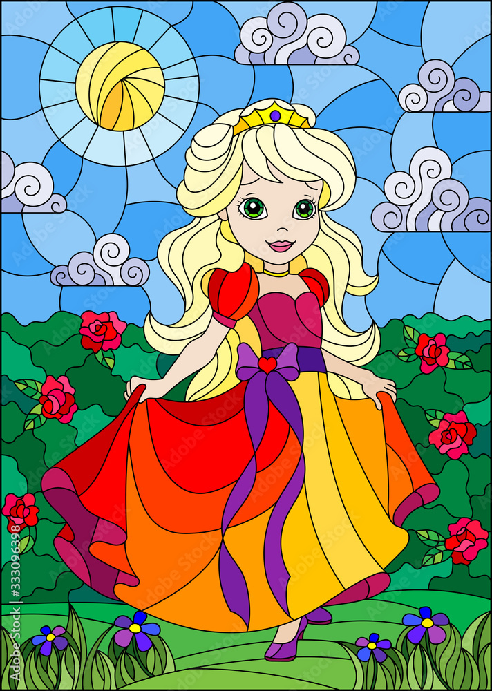 Illustration in stained glass style with a cute Princess on a background of flowers and Sunny sky