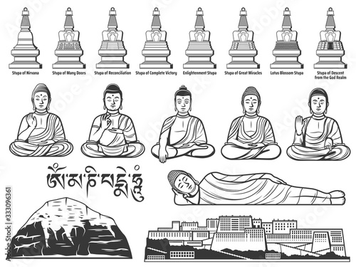 Buddhism religion symbols with vector sketches of Buddha statues with different hand positions or mudras, Tibetan Buddhist Great Stupas, Potala Palace and sacred Mount Kailash. Asian religious themes