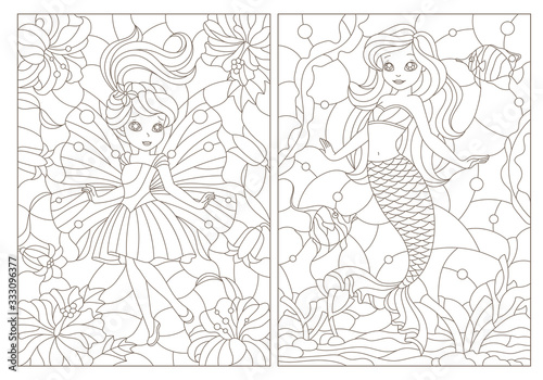 Set of contour illustrations of stained glass Windows with fairy-tale characters, mermaid and fairy, dark contours on a white background