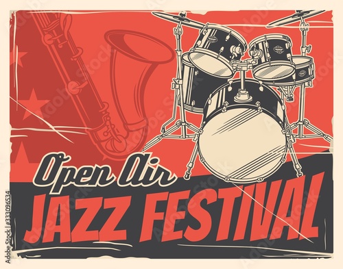 Jazz music festival or concert vector poster with musical instruments. Saxophone and drum set invitation design of music event, open air party, jazz club live music show or blues fest