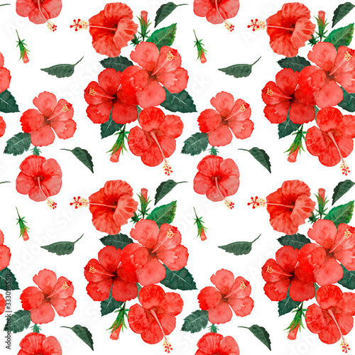 Watercolor painting floral seamless pattern with red hibiscus flowers blossom and green leaves on white background  tropical plant graphic repeated print for textile  fabric or vintage wallpaper