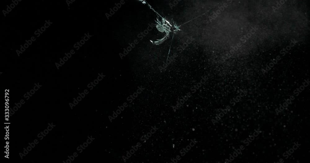 Broken cracks glass fracture effect texture isolated abstract black background. Bullet cracked window with big hole screen mirror weapon shot.