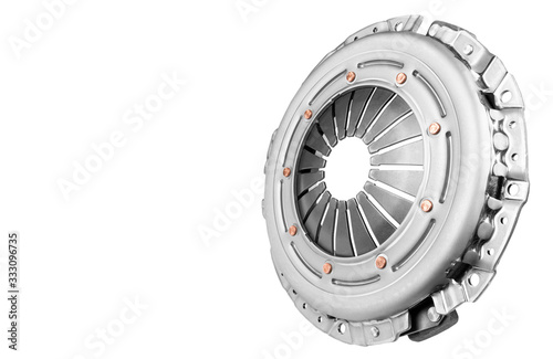 Car repair kit clutch manual gearbox isolated on a white background. Car and truck clutch disk. Sport clutch. Composite clutch disc. Clutch repair kit. Car maintenance spare parts. photo