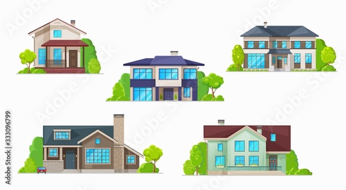 Real estate building vector icons of residential houses, homes and cottages, bungalows, townhouses, villas and mansions. Village and town two storey houses with doors, windows, roofs and chimneys