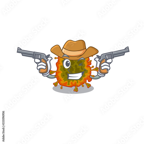 Funny duvinacovirus as a cowboy cartoon character holding guns