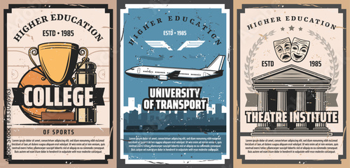 Higher education vector design with University of Transport, College of Sport and Theatre Institute retro posters. University building, airplane, ball and winner trophy cup, comedy and tragedy masks