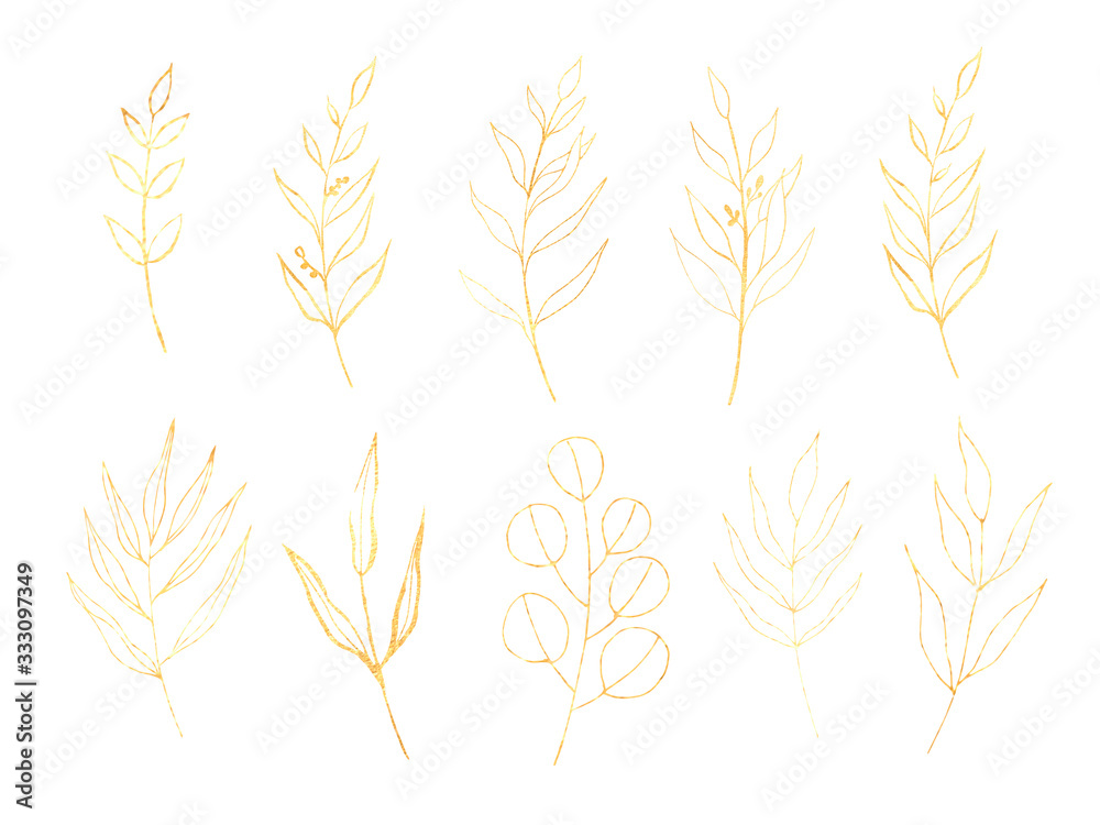 Gold leaves hand drawn illustration set. Greenery with gold texture isolated on white background. Perfect for wedding invitations, logo, stationery design, mockup, background, frame. Botanical art. Gold leaves hand drawn illustration set. Greenery with gold texture isolated on white background. Perfect for wedding invitations, logo, stationery design, mockup, background, frame. Botanical art.