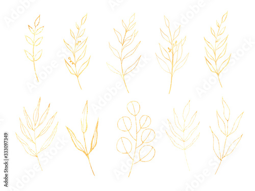 Gold leaves hand drawn illustration set. Greenery with gold texture isolated on white background. Perfect for wedding invitations, logo, stationery design, mockup, background, frame. Botanical art. 