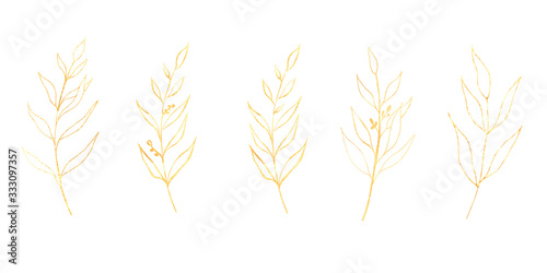 Gold leaves hand drawn illustration set. Greenery with gold texture isolated on white background. Perfect for wedding invitations, logo, stationery design, mockup, background, frame. Botanical art. 