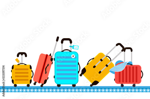 Suitcases on airport luggage conveyor belt. Travel bag. Summer time. Holidays. Vacation trip. Rest trip. Luggage band on the airport.