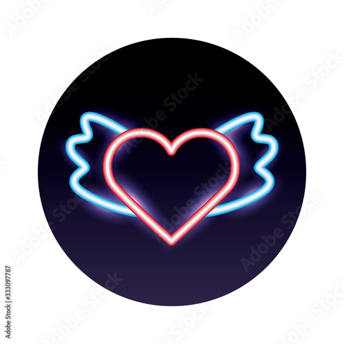 heart love with wings neon lights icon