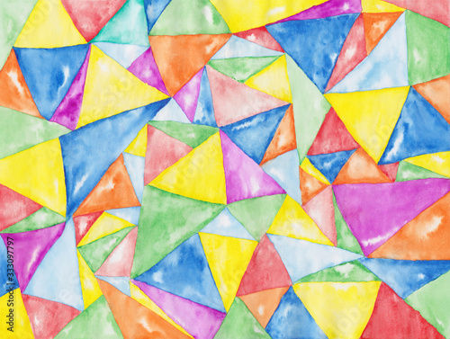 Watercolor designer fashionable texture of handmade colorful triangles. Abstract mosaic of painted creative color shapes for children's parties, notebook covers, postcards, wrapping paper and fabric.
