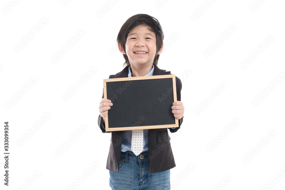 Cute asian boy holding black board on white background isolated Cute asian boy holding black board on white background isolated