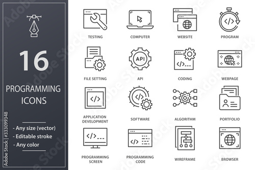 Programming line icons set. Black vector illustration. Editable stroke.