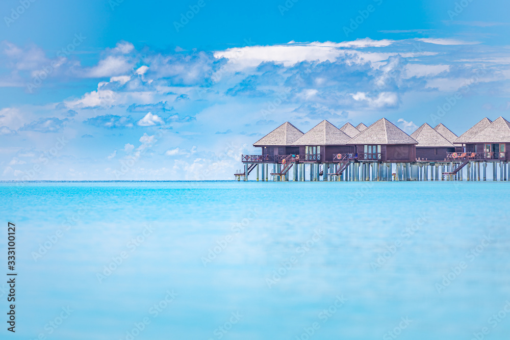 Endless sea view with horizon and luxury water villas or bungalows, Maldives, Bora Bora
