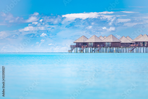 Endless sea view with horizon and luxury water villas or bungalows, Maldives, Bora Bora