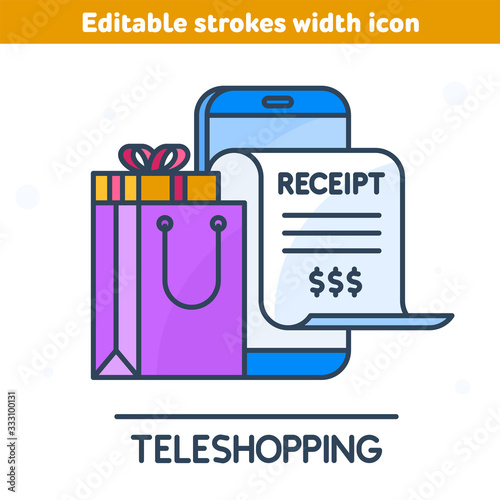 The online bill purchase with smartphone outline icon. Linear symbol of mobile phone, paper receipt bill, shopping bag, goods. Digital technologies, marketing, teleshopping concept vector illustration