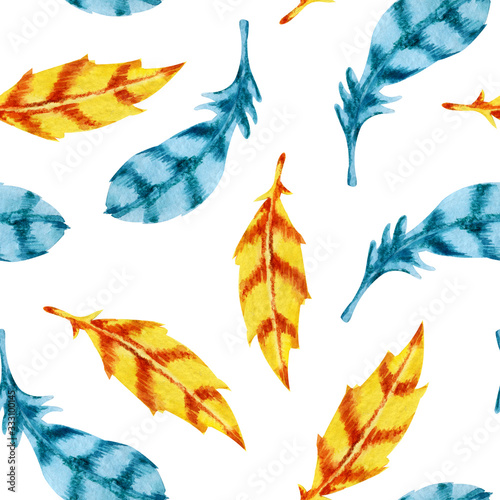 Seamless pattern with colorful bird feathers. Hand drawn watercolor illustration isolated on white background. Design of Easter and holiday products  wallpaper  cover  wrapper  packaging  card.