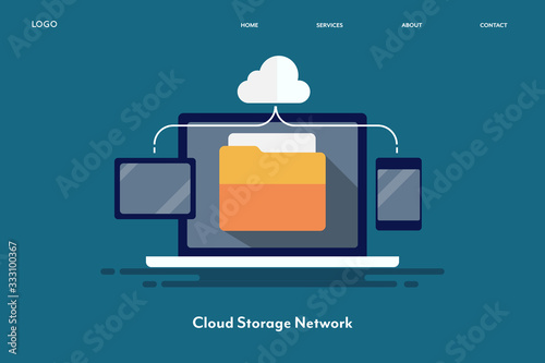 Cloud computing, network server, communication, digital technology, message internet, secure storage with data transfer concept. Flat design web banner template.