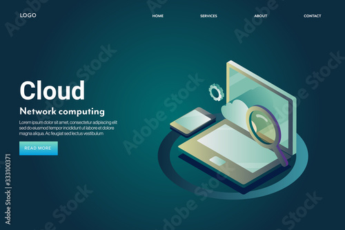 Cloud networking, cloud computing technology, communication, server and hosting system, secure database, internet concept. Isometric web banner template with futuristic style concept.