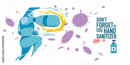 Cartoon Illustration of hand sanitizer superhero attack corona virus, cover-19. 