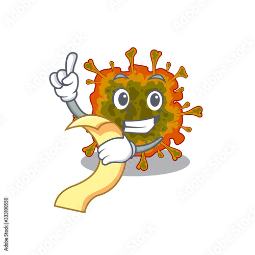 cartoon character of duvinacovirus holding menu ready to serve